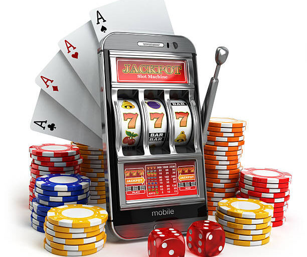 Online casino concept. Mobile phone, slot machine, dice and cards. 3d